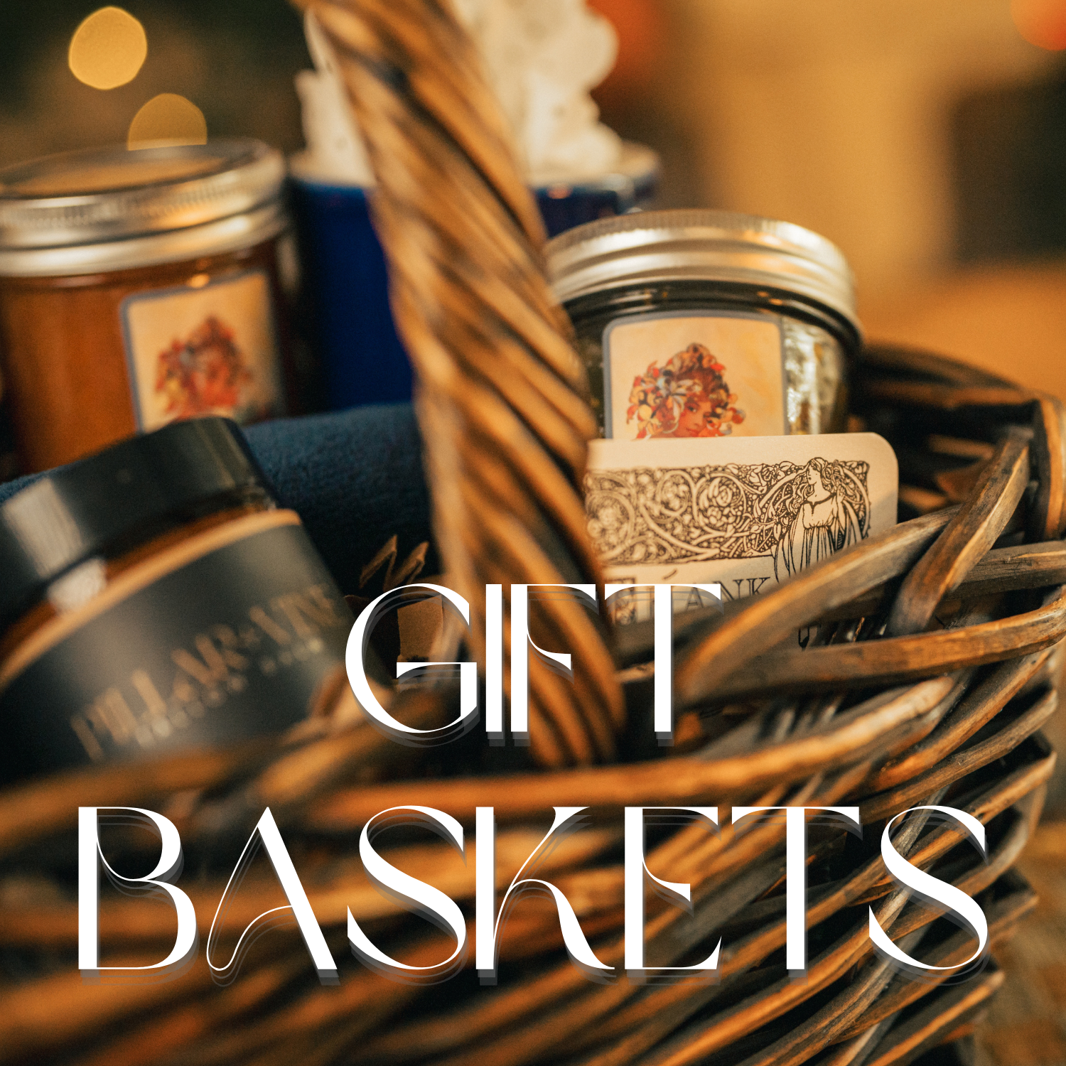 Vintage gift baskets on display for the holiday season