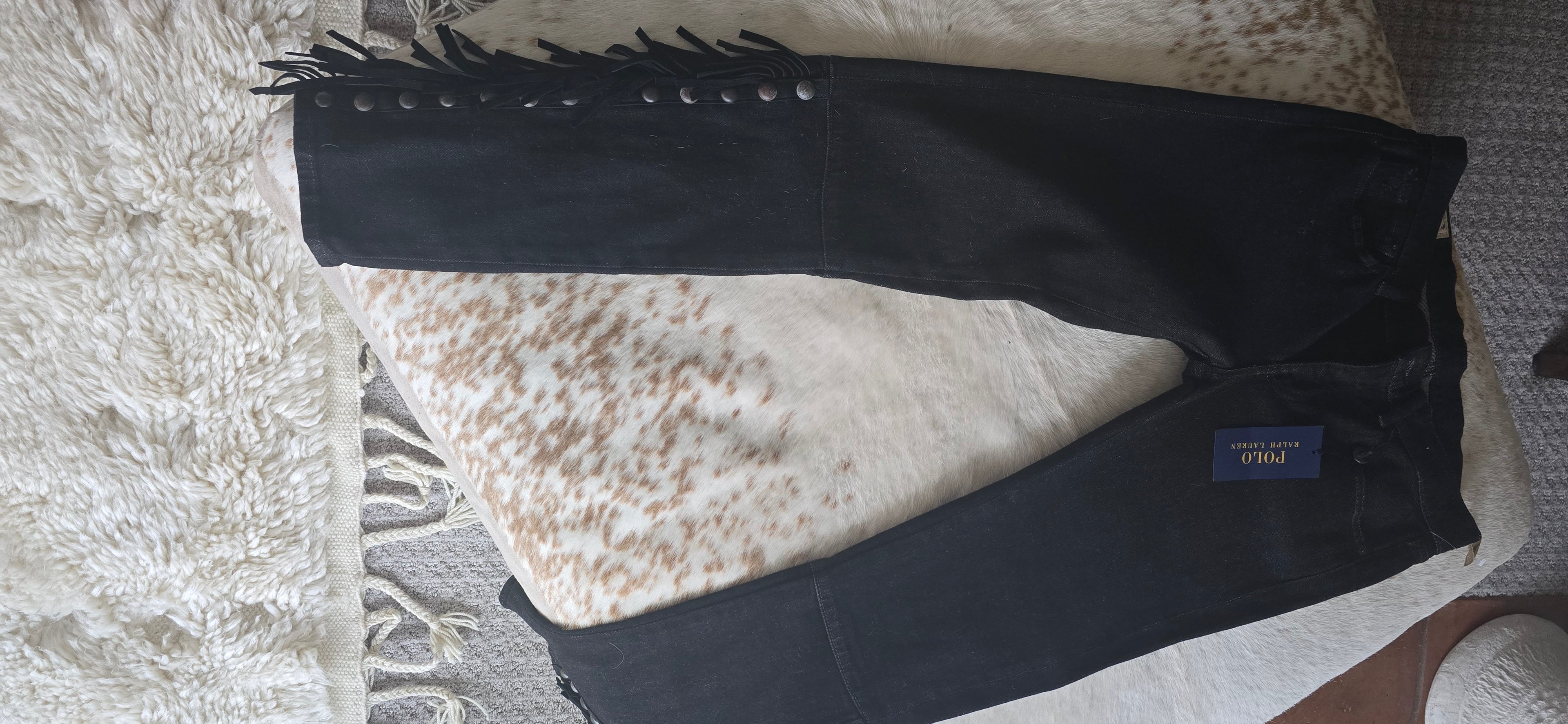 Polo ralph lauren black denim leather fringe jean