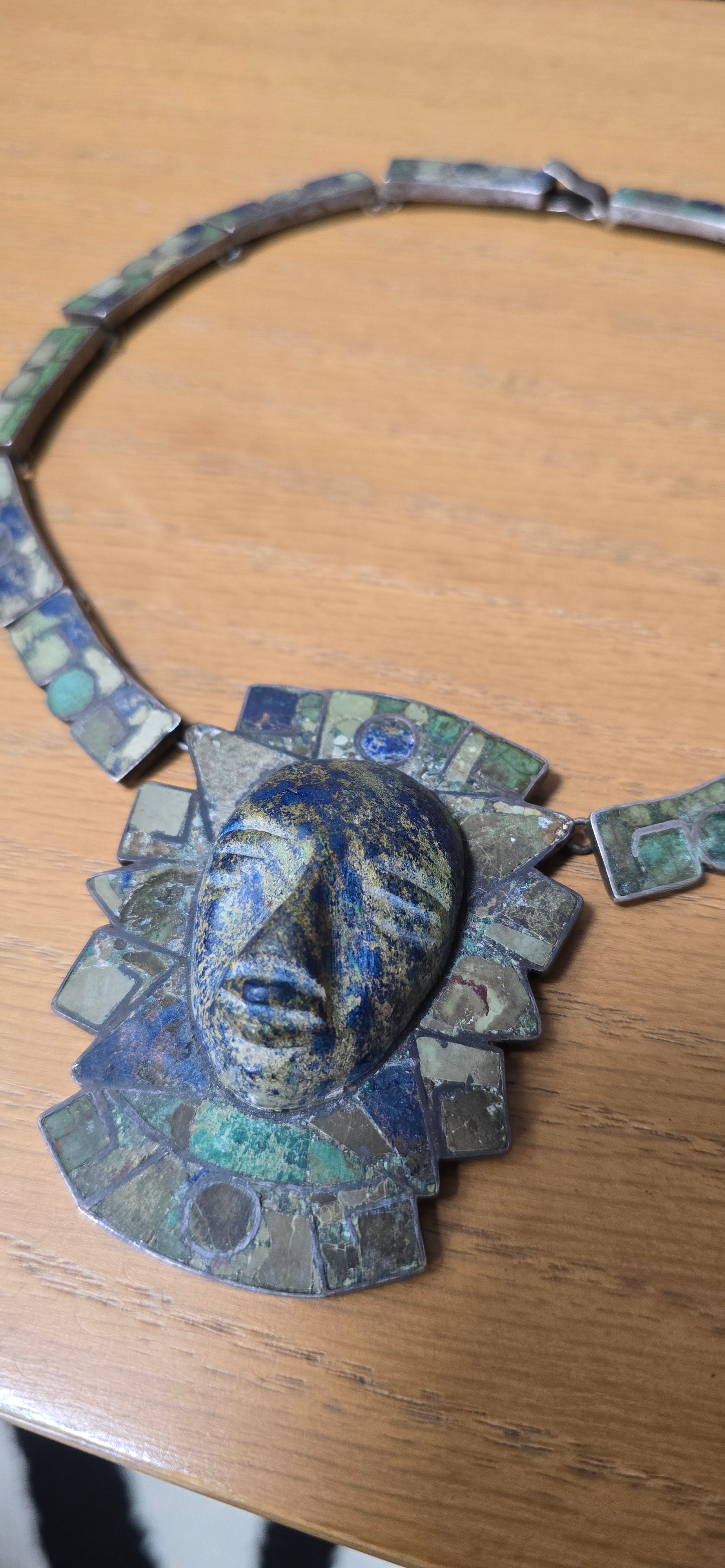 Sterling Silver Crushed Turquoise Face Figural Statement Pendant Necklace