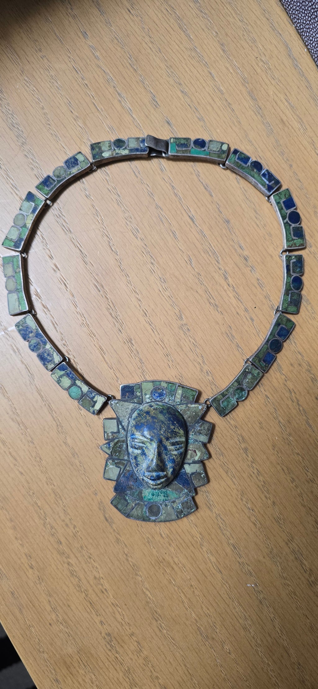 Sterling Silver Crushed Turquoise Face Figural Statement Pendant Necklace