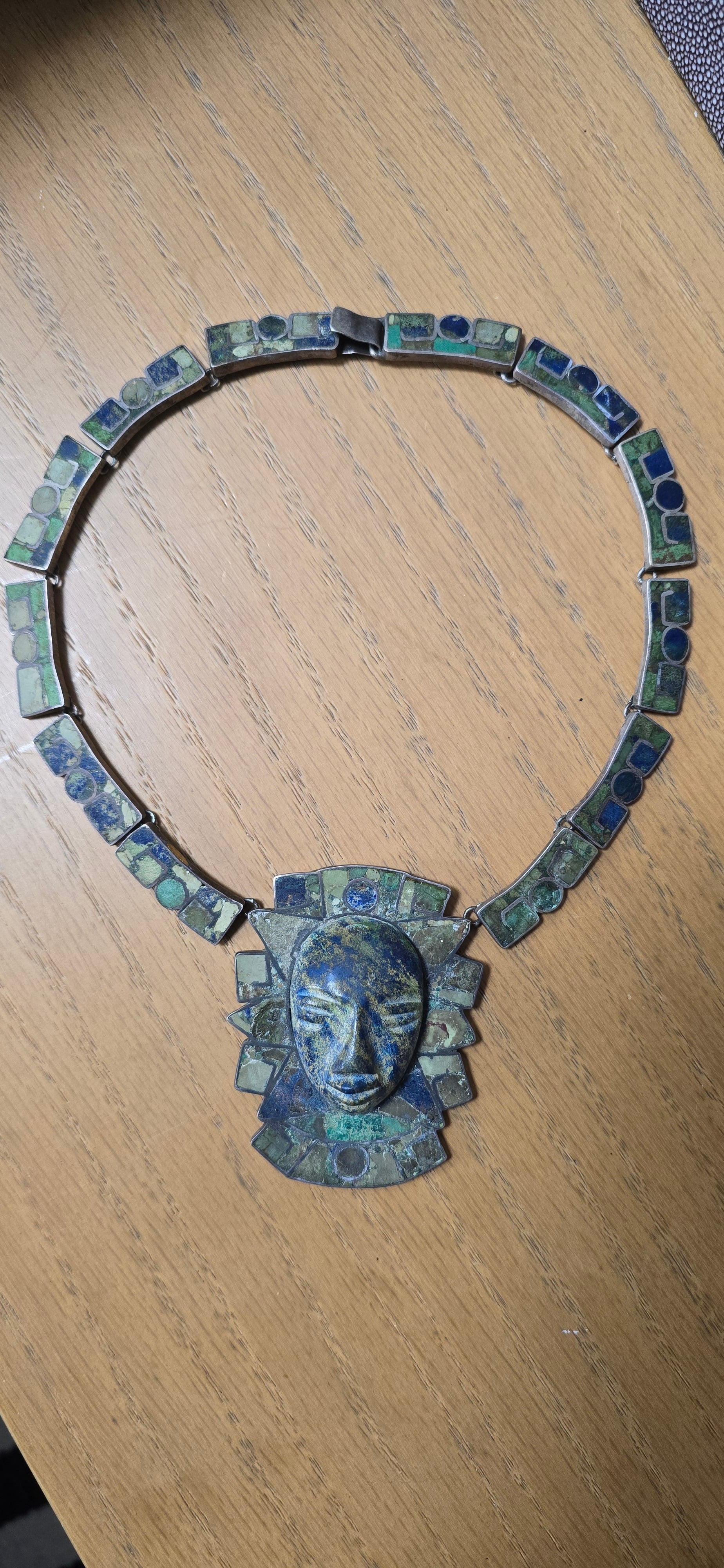 Sterling Silver Crushed Turquoise Face Figural Statement Pendant Necklace