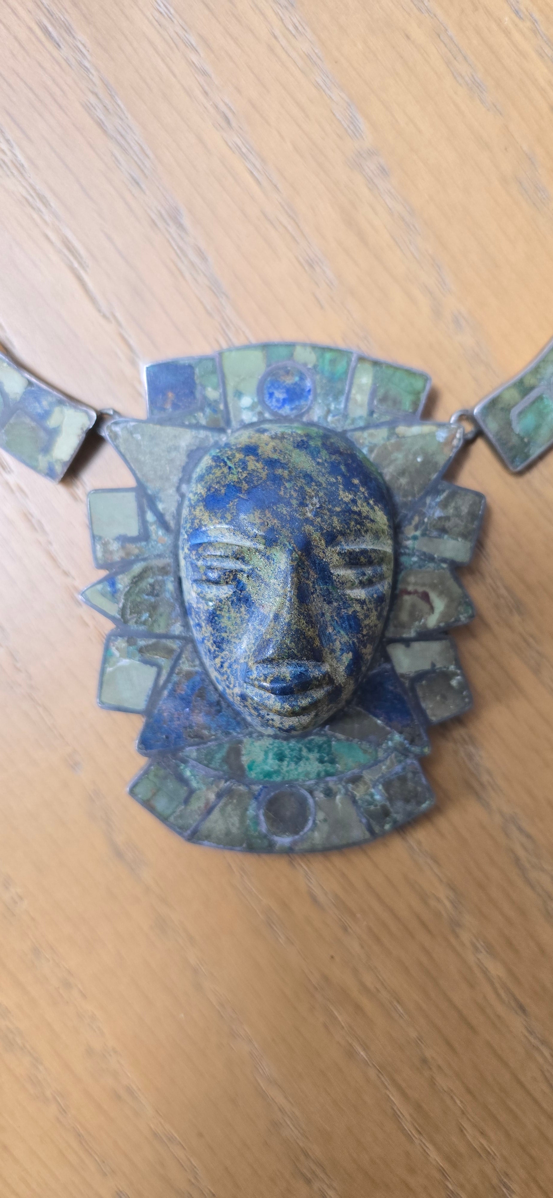 Sterling Silver Crushed Turquoise Face Figural Statement Pendant Necklace