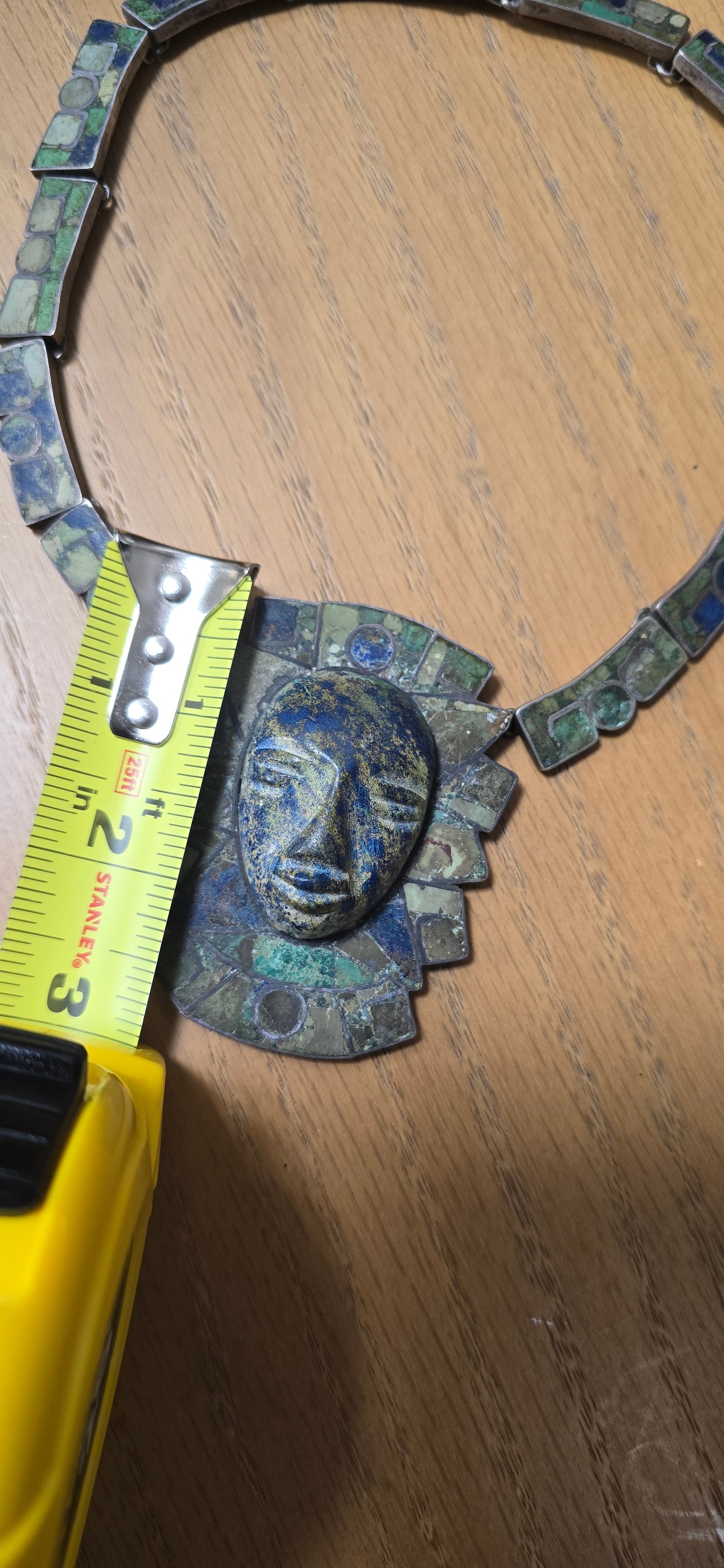 Sterling Silver Crushed Turquoise Face Figural Statement Pendant Necklace