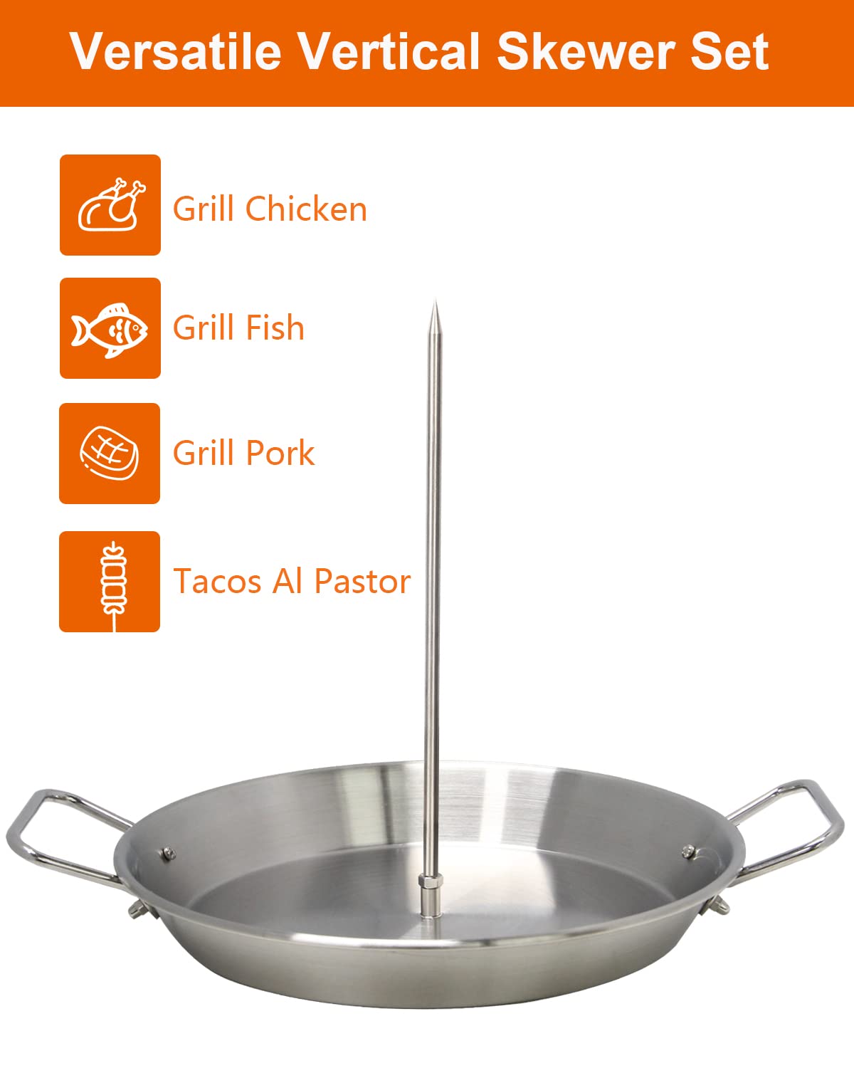 DOLAMOTY BBQ Vertical Skewer Pan Gyro Spit Shawarma Skewer Stand for oven, Al Pastor Skewer for Grill, El Pastor Hack for Tacos Al Pastor Chicken, Brazilian, Stainless Steel, with 8",10" stick