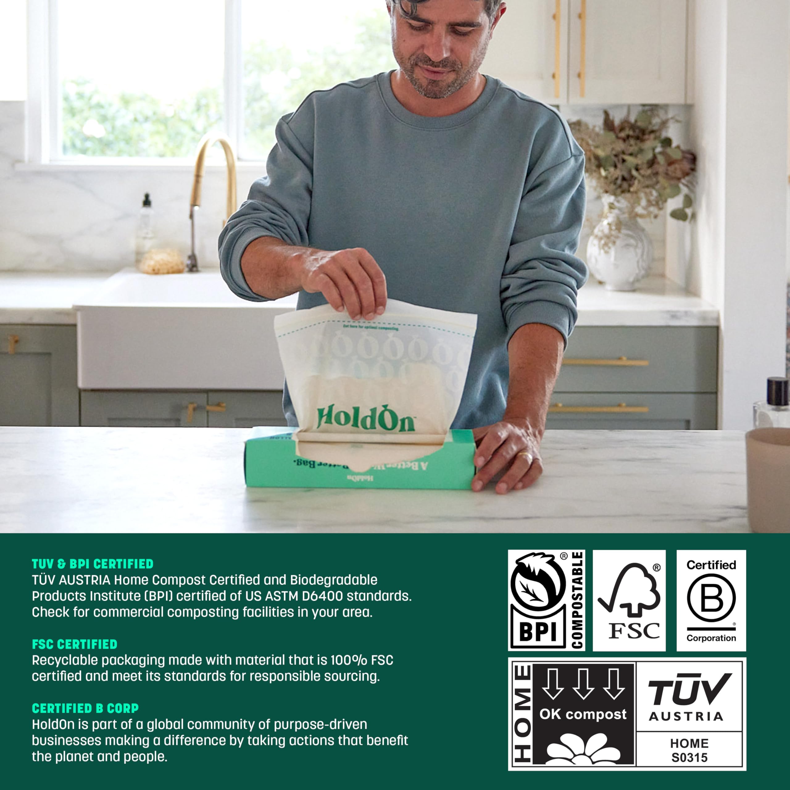 Zipseal Gallon Bags - Compostable, PFOA-Free, BPA-Free, Food-Safe Zip Seal Food Storage Bags/Freezer-Safe Gallon Bags With Secure Seal for Home & Travel (2-pack, 50 bags total)