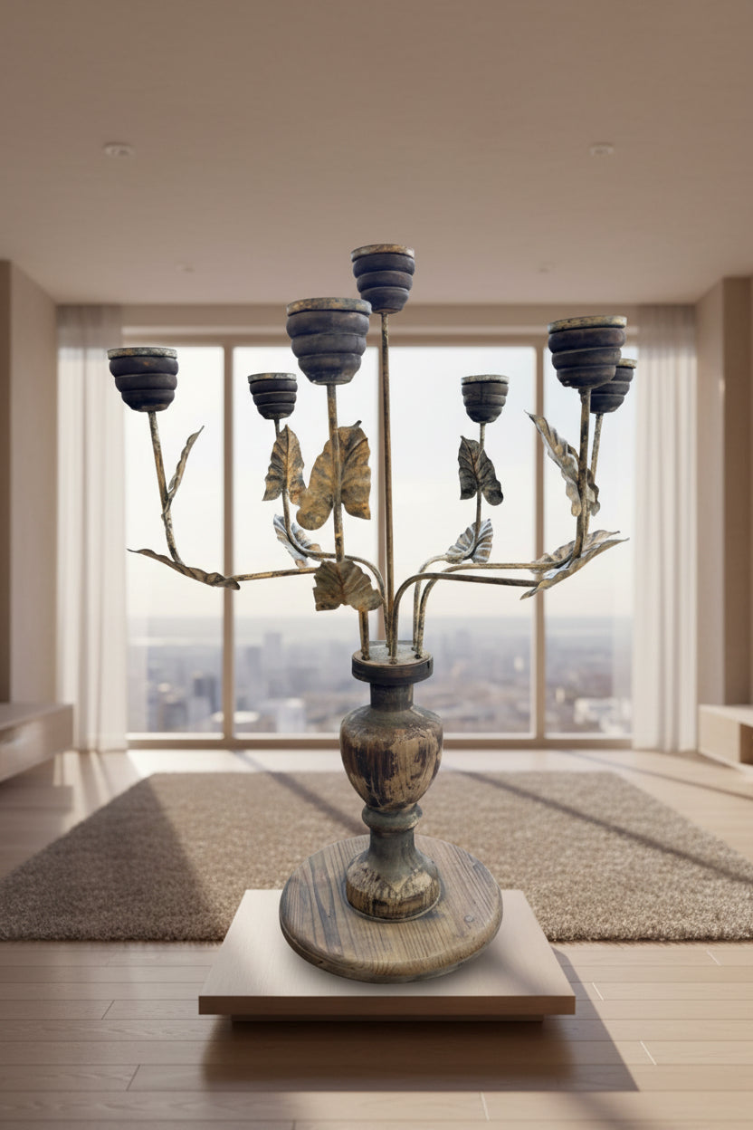 Extra Large Vintage 7 Arm Metal Wood Rustic Candelabra