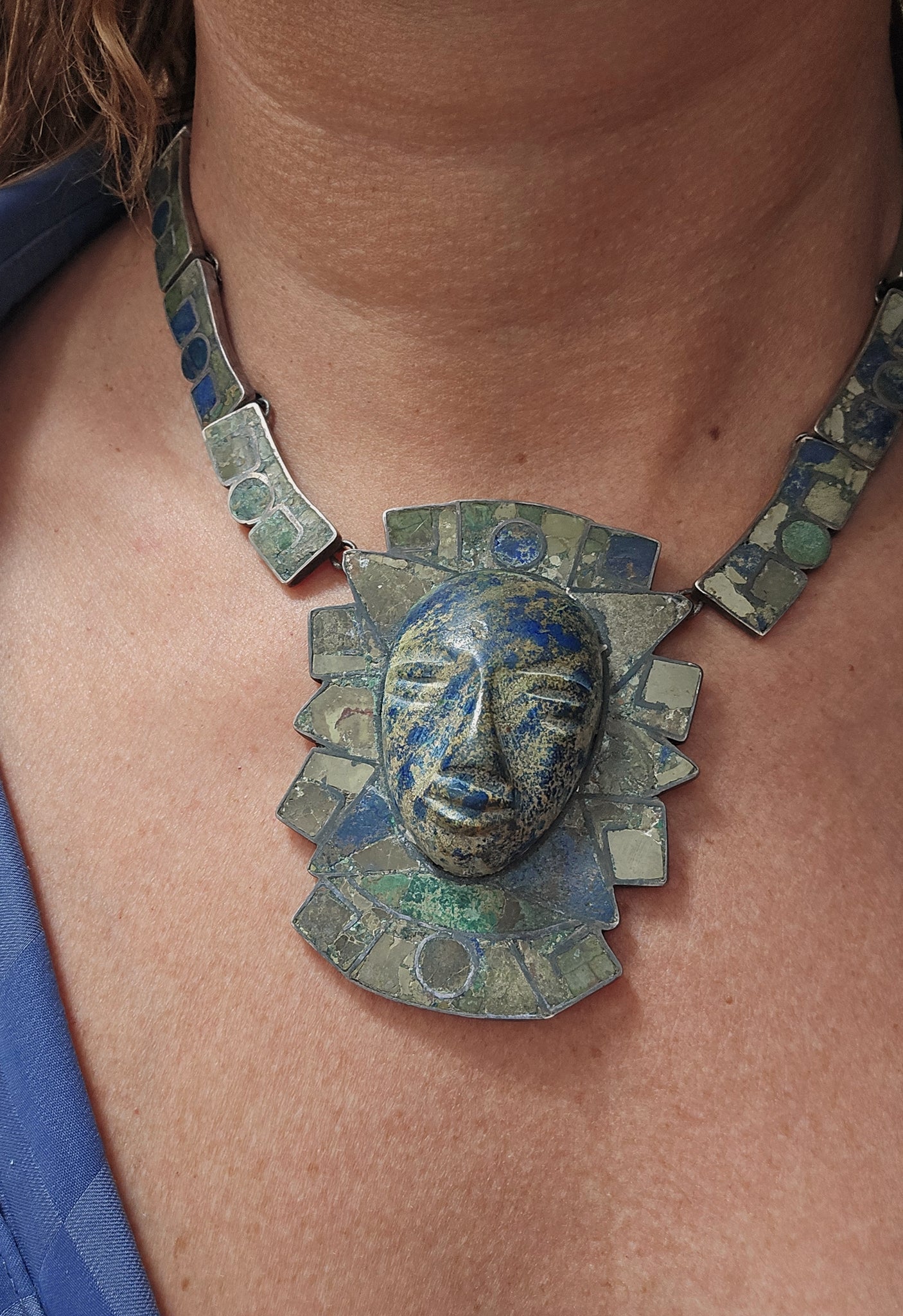 Sterling Silver Crushed Turquoise Face Figural Statement Pendant Necklace