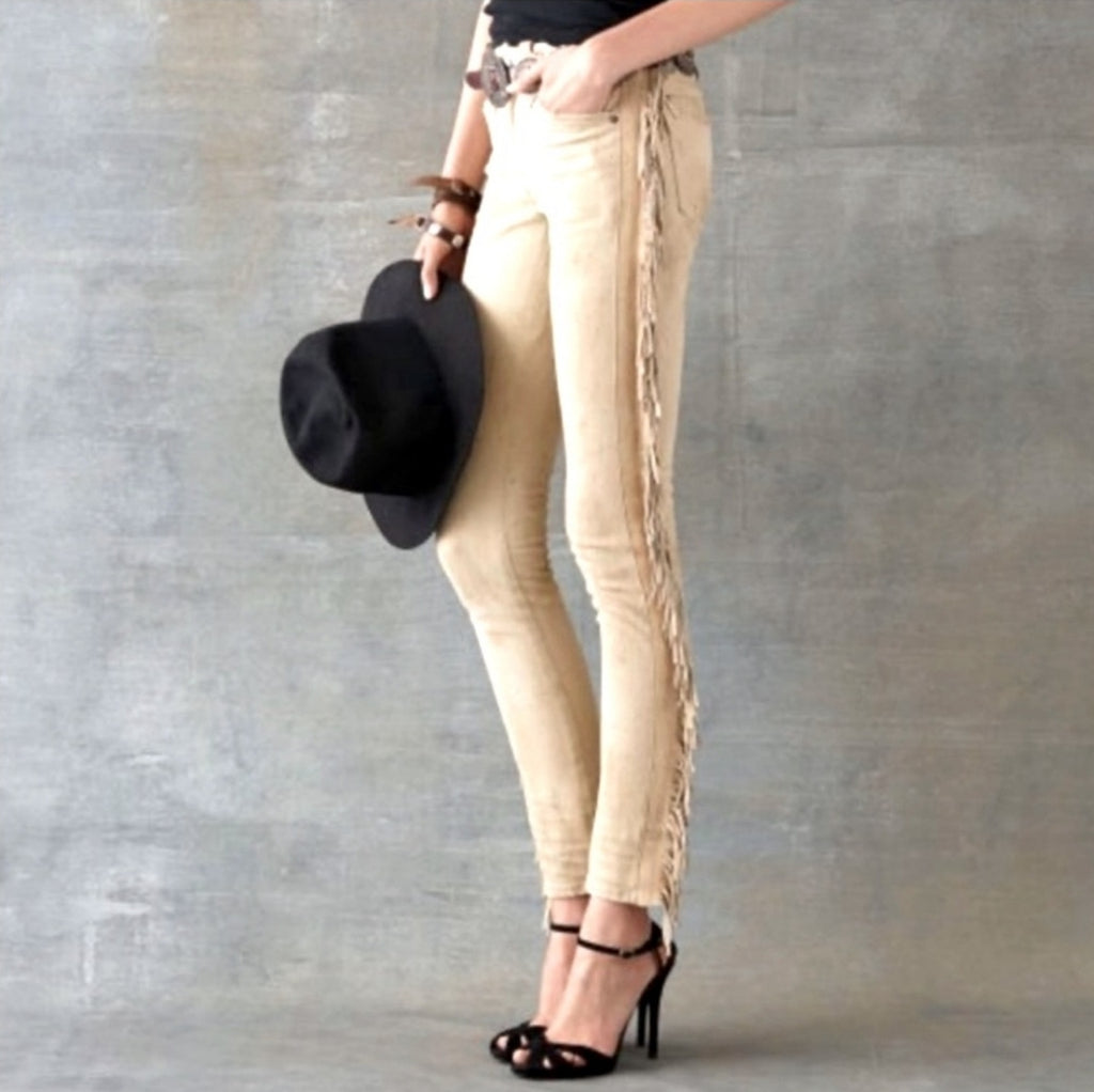 Polo Ralph Lauren cream leather and denim jeans