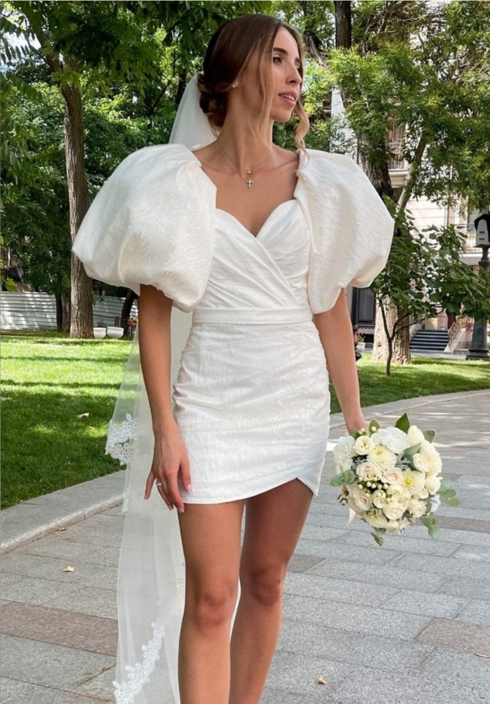 White Puff Sleeve Bridal Dress