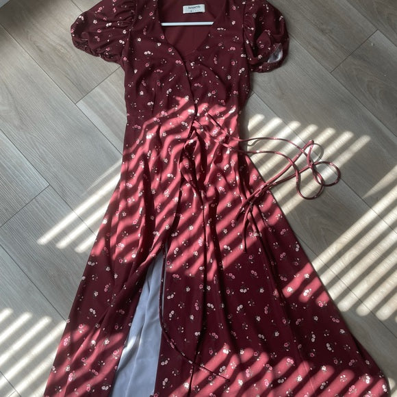 House of CB Justina Wine Floral Wrap Midi Dress in “Wine Floral”