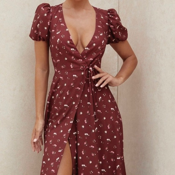 House of CB Justina Wine Floral Wrap Midi Dress in “Wine Floral”